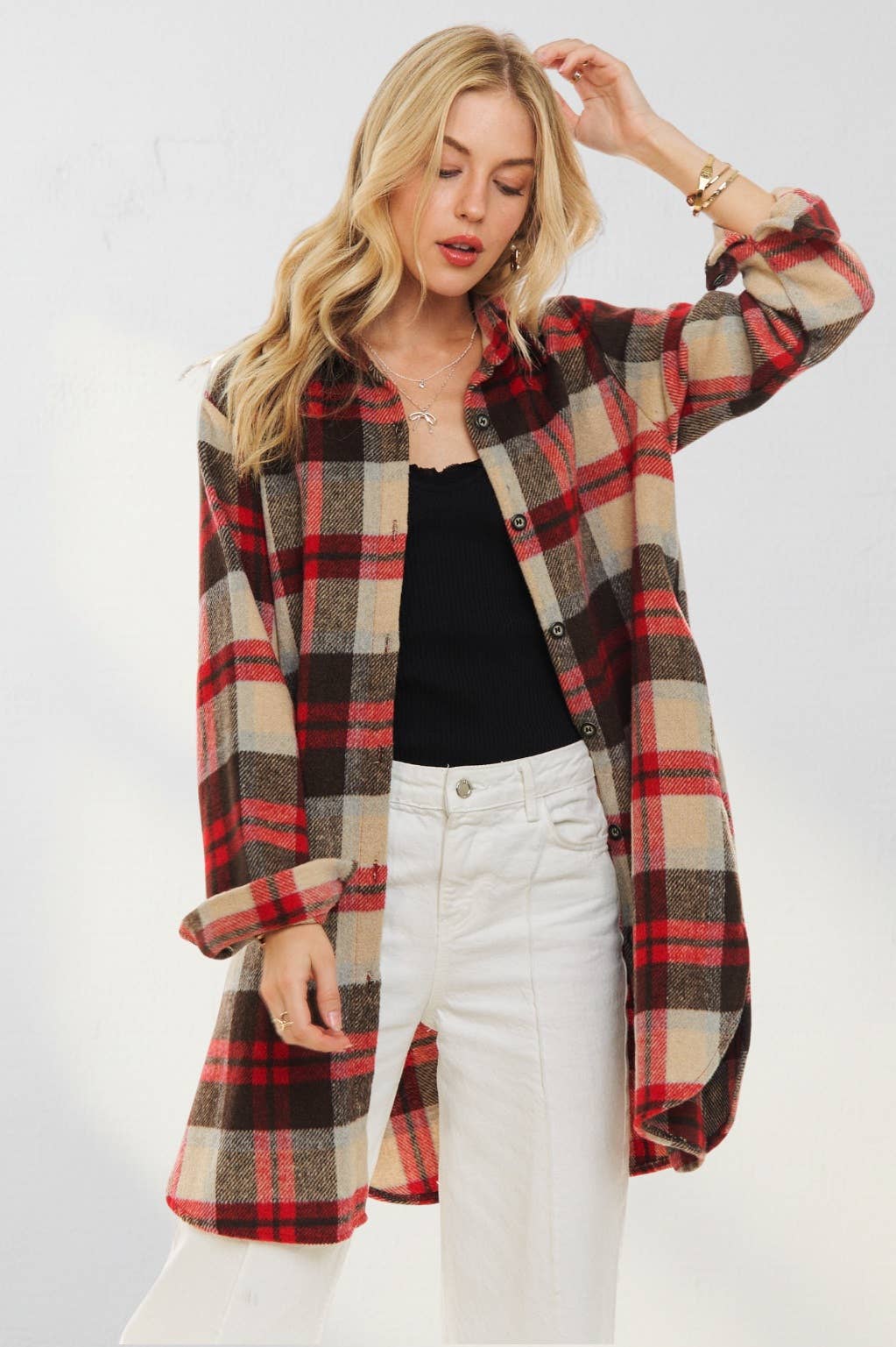 ADORA LA - CEJ1987A-CHECK FLANNEL SHIRT JACKET LONG SLEEVE: Green/Navy / S-M-L(2-2-2)