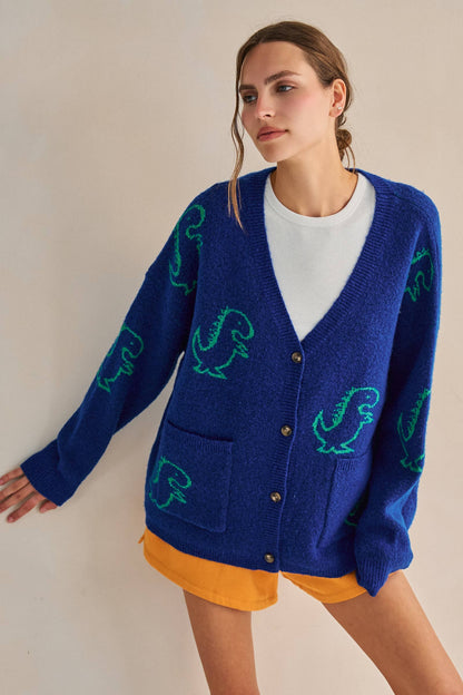 JADE BY JANE - DINOSAUR PATTERN KNIT CARDIGAN: BLACK / L/XL