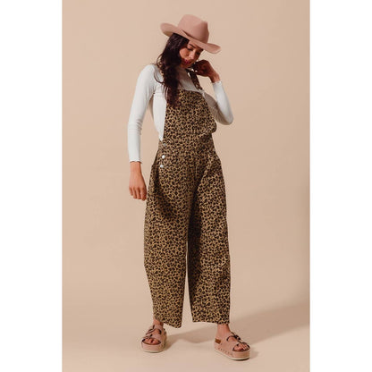 LEOPARD TWILL SLOUCHY BARREL OVERALLS JUMPSUIT