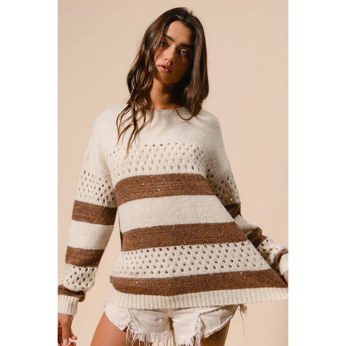 BiBi - STRIPE PATTERNED SWEATER TOP: IVORY/BROWN / M
