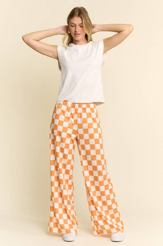 JADE BY JANE - HIGH WAIST CHECKERED STRAIGHT LEG KNIT PANTS: ORANGE/WHITE / S