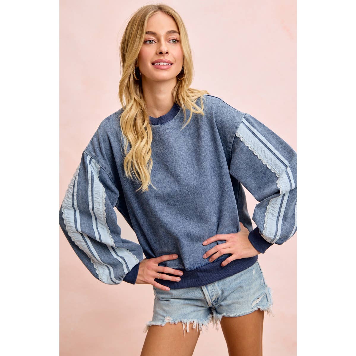 BiBi - WASHED DENIM LACE CONTRAST SIDED SWEATSHIRT TOP: DENIM / S