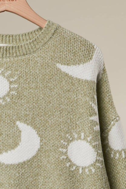 Mello. - Dreamy Moon and Star Pattern Sweater: Olive / M