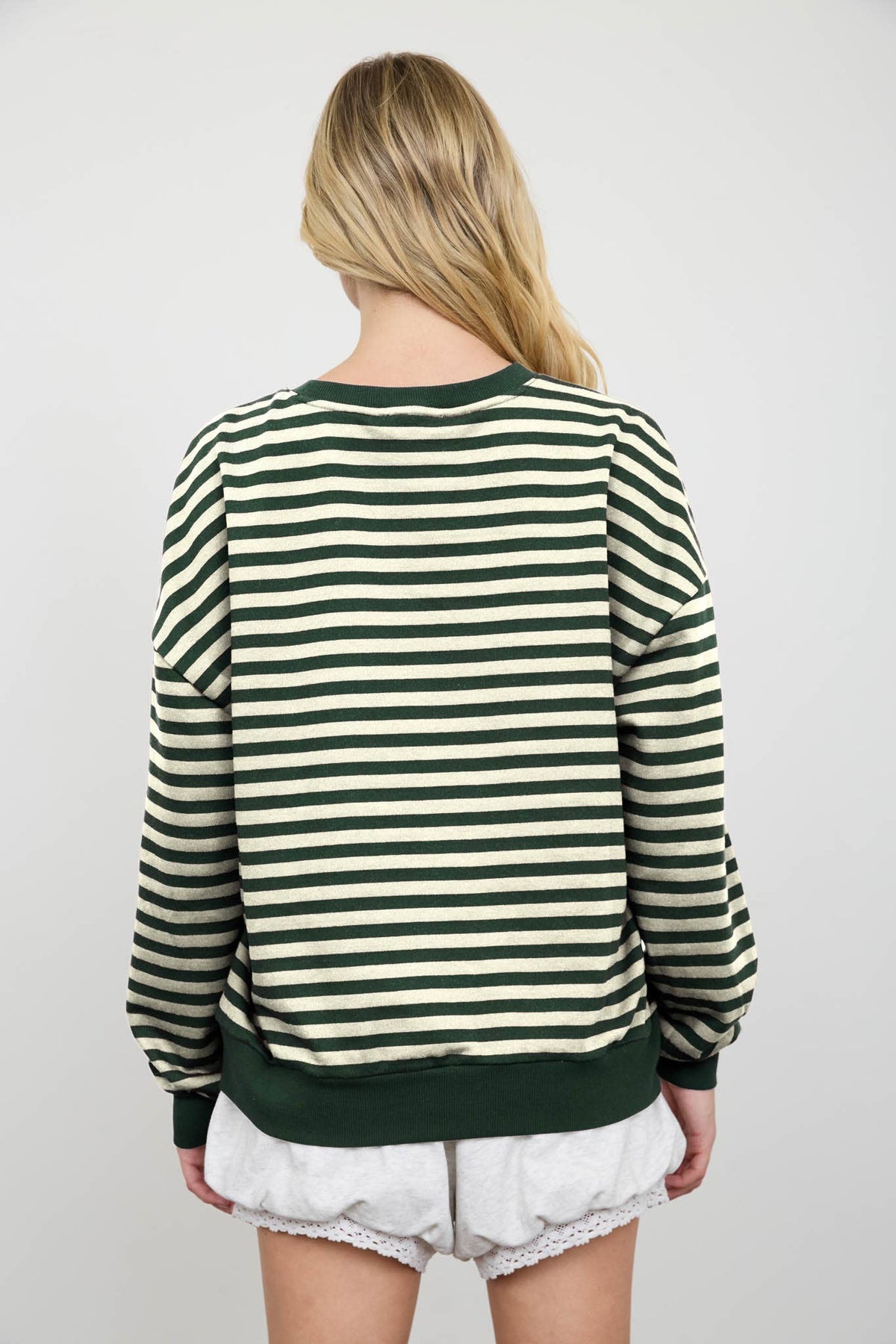 STRIPE V STITCH DETAIL LONG SLEEVE KNIT TOP: HUNTER GREEN