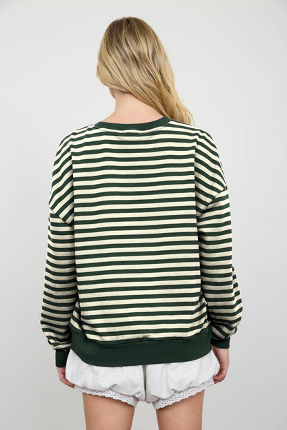 STRIPE V STITCH DETAIL LONG SLEEVE KNIT TOP: HUNTER GREEN