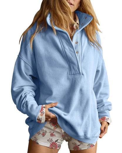 Lovesoft - Solid Fleece Sweatshirt Casual Oversized Snap Collar: Light Gray / 65%Polyester+30%Viscose   +5%Elastane / 2XL