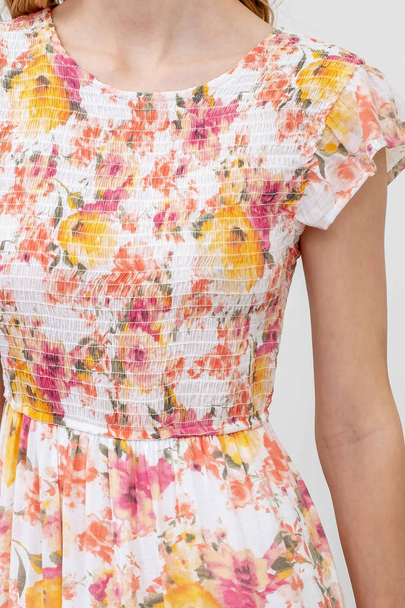 ROUND NECK FLORAL DRESS: IVORY MULTI