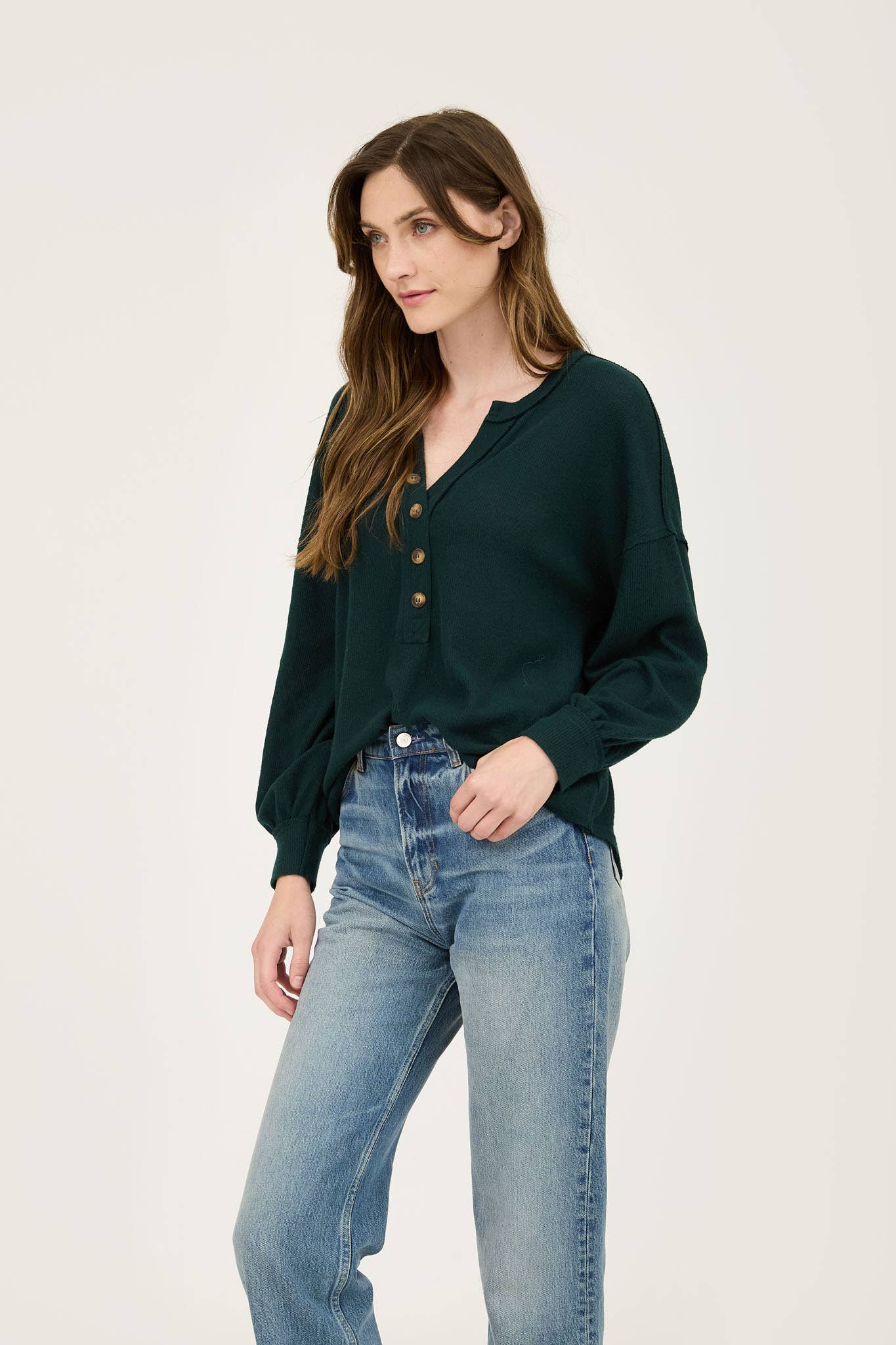 V NECK HALF BUTTON LONG SLEEVE KNIT TOP S-3x