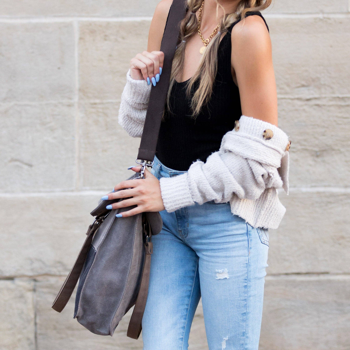 Aili's Corner - Colorblock Messenger Bag: Gray/Tan/Black