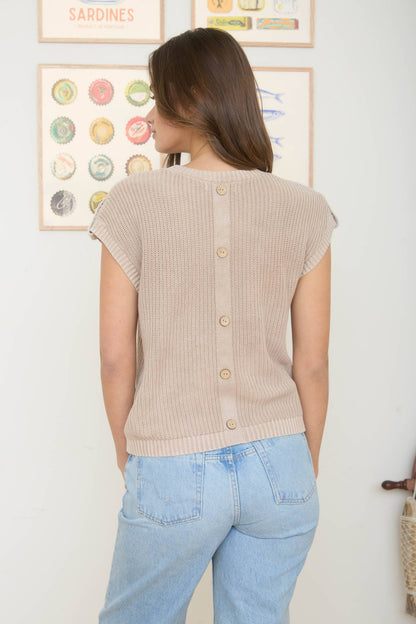 ACID WASHED TAB SLEEVE BACK BUTTON KNIT TOP: LIGHT GREEN + INDIGO