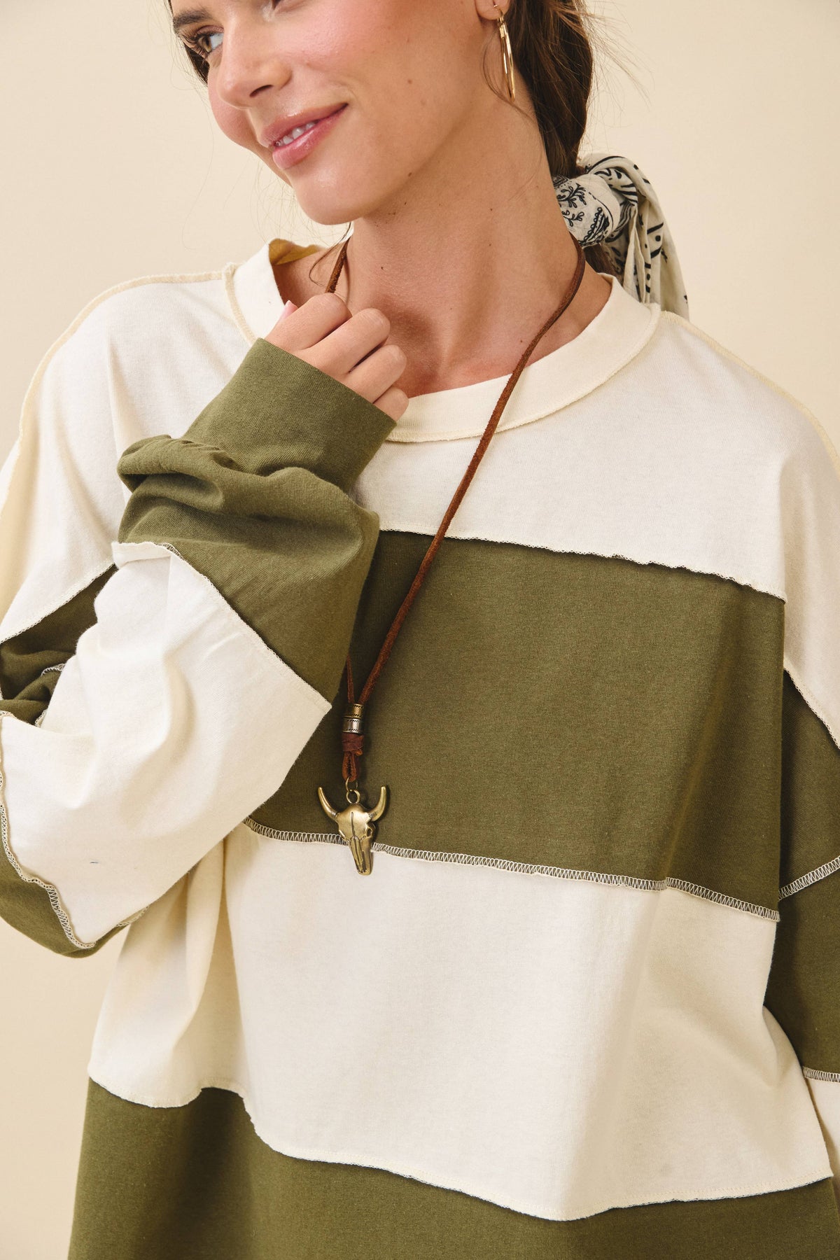 AEMI + CO - 8551GN Oversized Color Block Long Sleeve Pullover: Terracotta Butter / Contemporary / S