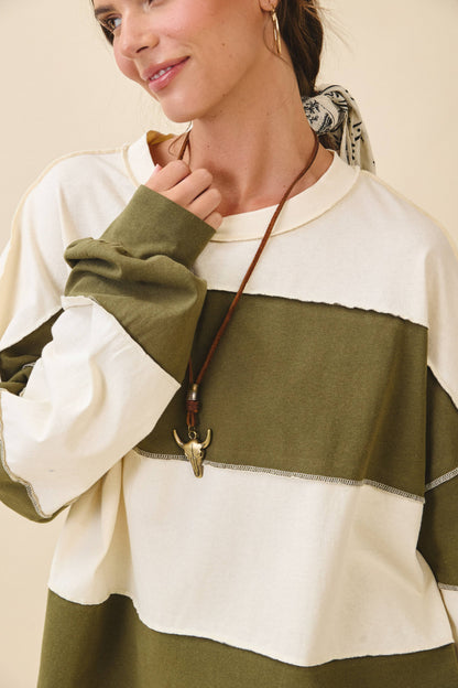 AEMI + CO - 8551GN Oversized Color Block Long Sleeve Pullover: Terracotta Butter / Contemporary / S