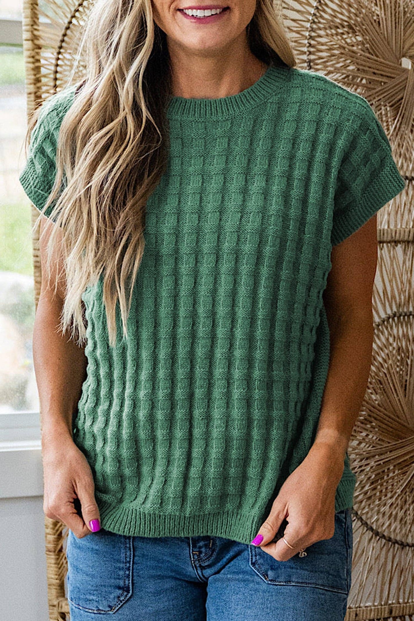 MIST GREEN ROUND NECK SHORT SLEEVE SWEATER TOP