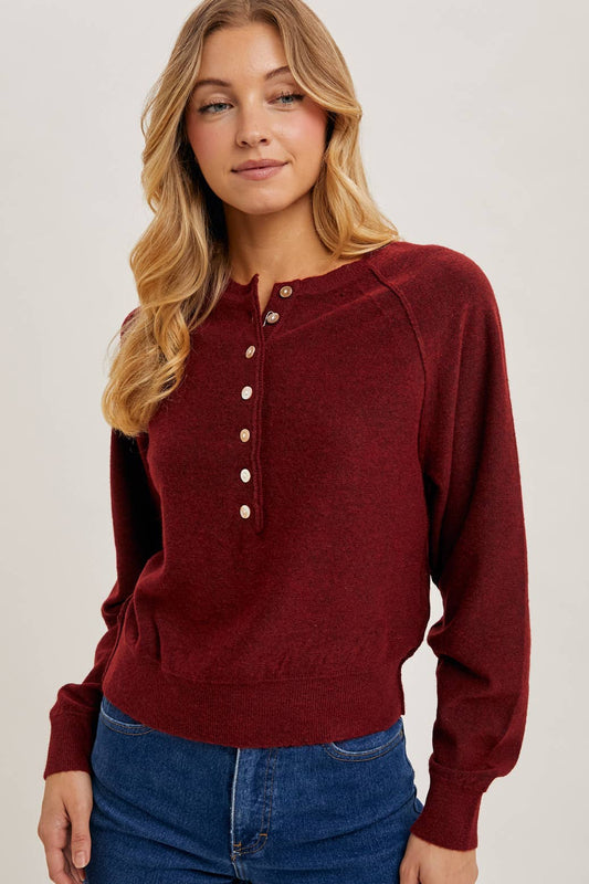 Bluivy - HALF-BUTTON HENLEY KNIT SWEATER: WINE / S