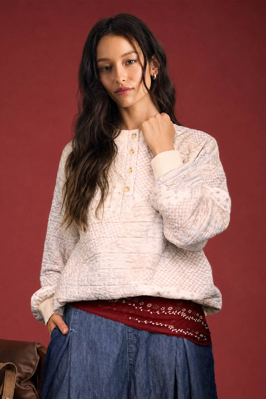 Blu Pepper - MULTI-PATTERN HENLEY QUILTED JACKET: IVORY MULTI