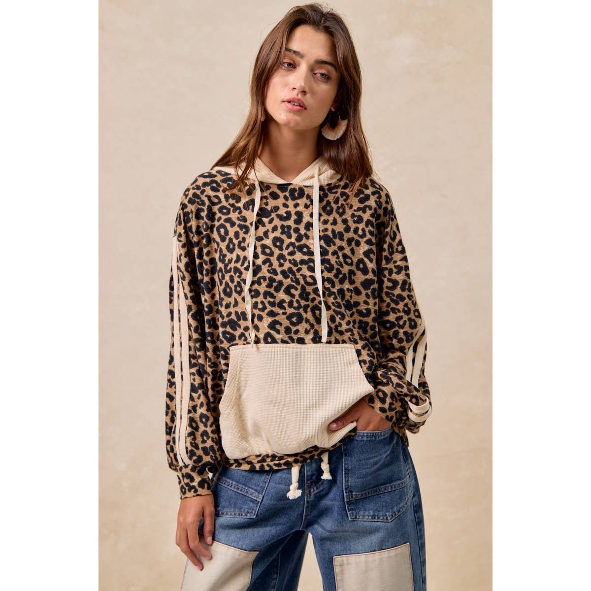 BiBi - WAFFLE THERMAL AND LEOPARD MIX AND MATCH HOODIE: LEOPARD/OATMEAL / L