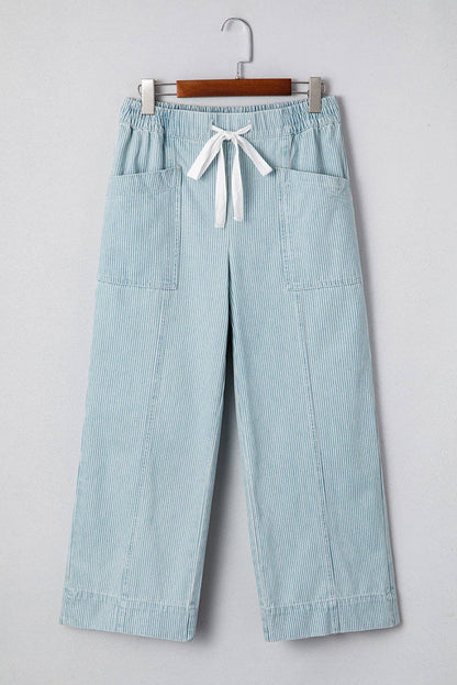 Lovesoft - Sky Blue Stripe Mid Rise Drawstring Waist Jeans: Sky Blue Stripe / 85%Cotton+15%Polyester / 4