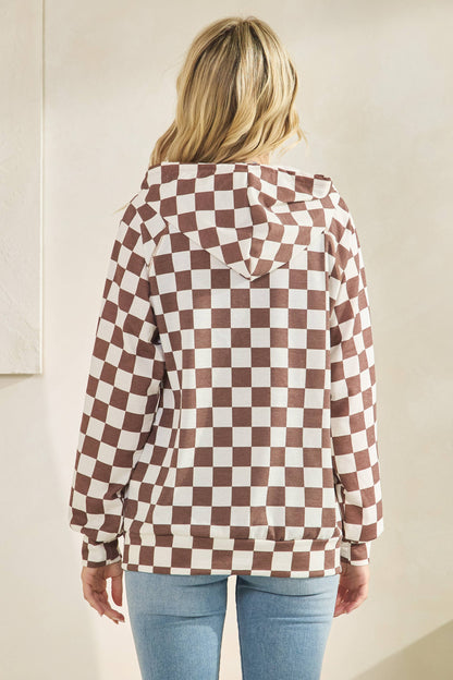 CHECKERBOARD PRINT DRAWSTRING HOODIE