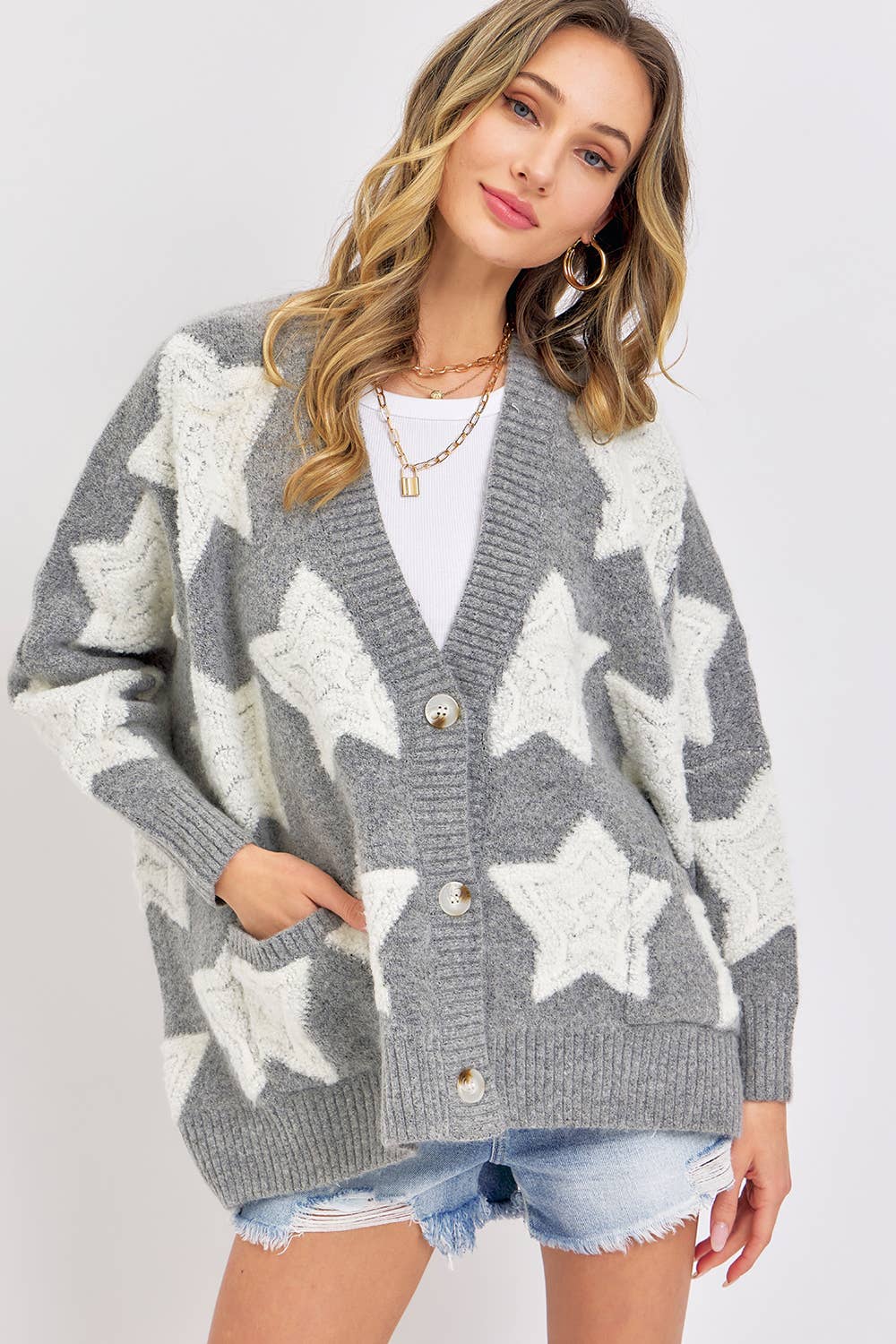 SOFT CHUNKY KNIT STAR SWEATER CARDIGAN