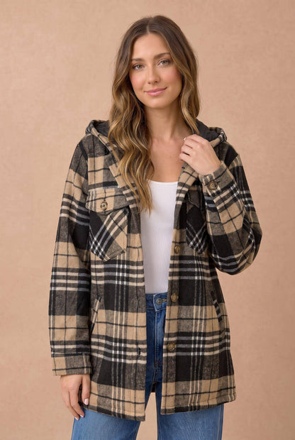 Haptics - Long Sleeve Plaid Button Up Hooded Jacket: KHAKI-BLACK / L