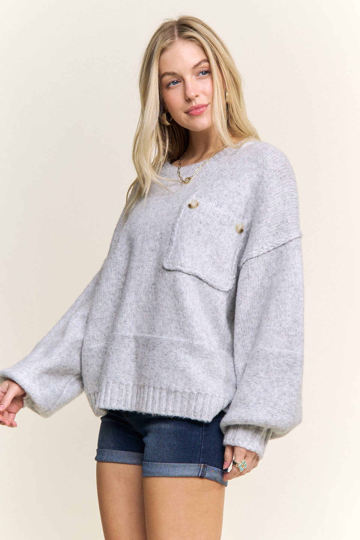 ADORA LA - CESW3943- ROUND NECK LONG SLEEVES KNIT SWEATER: H GREY / S-M-L(2-2-2)