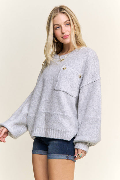 ADORA LA - CESW3943- ROUND NECK LONG SLEEVES KNIT SWEATER: H GREY / S-M-L(2-2-2)
