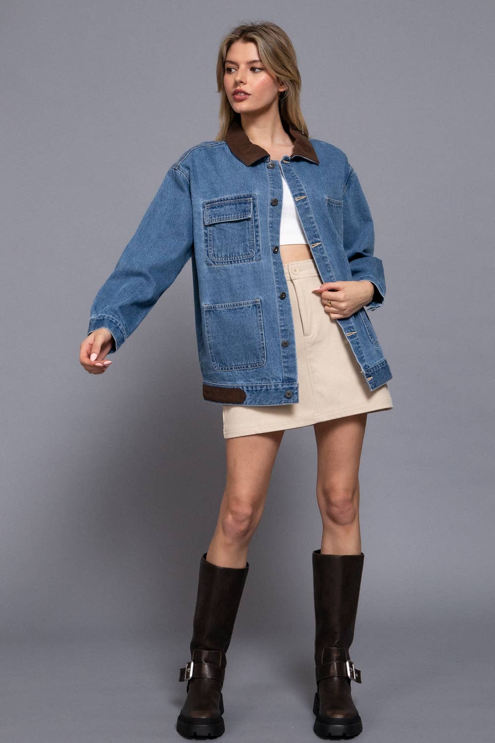 LONG SLEEVE CONTRAST COLLAR DENIM JACKET