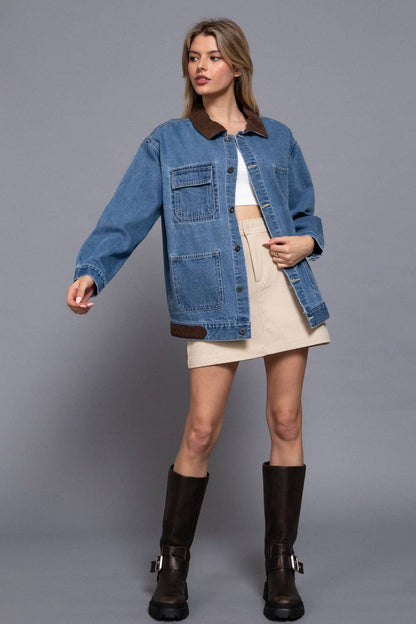LONG SLEEVE CONTRAST COLLAR DENIM JACKET