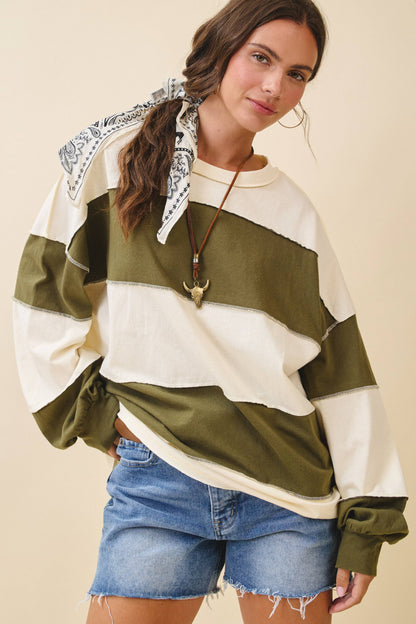 AEMI + CO - 8551GN Oversized Color Block Long Sleeve Pullover: Terracotta Butter / Contemporary / S