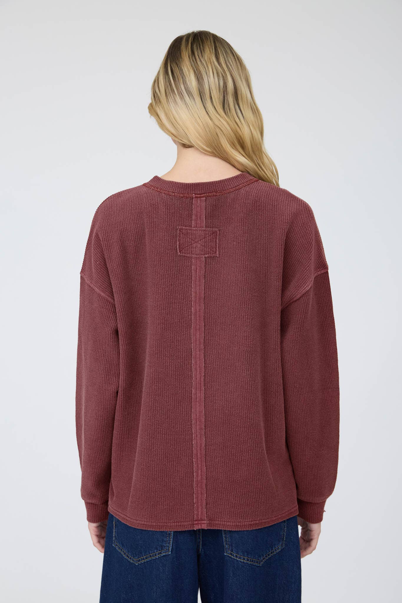 HENLEY RIBBED BOXY LONG SLEEVE WASHED KNIT TOP