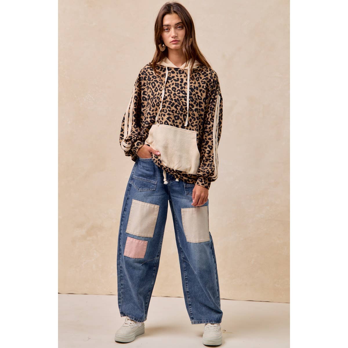 BiBi - WAFFLE THERMAL AND LEOPARD MIX AND MATCH HOODIE: LEOPARD/OATMEAL / L