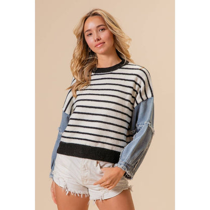WASHED DENIM SLEEVE STRIPED SWEATER