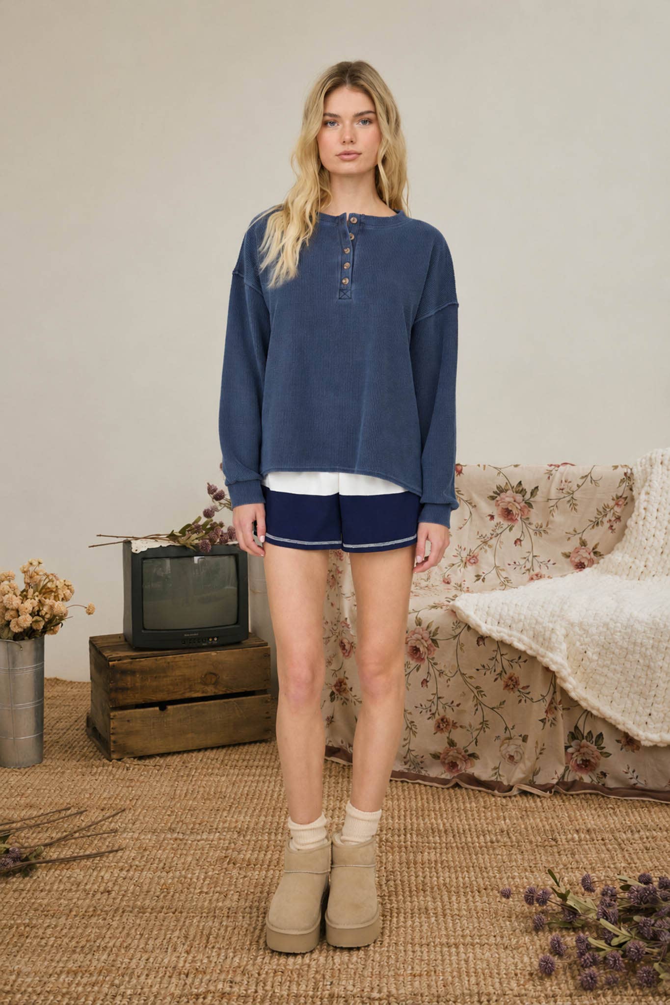 HENLEY RIBBED BOXY LONG SLEEVE WASHED KNIT TOP