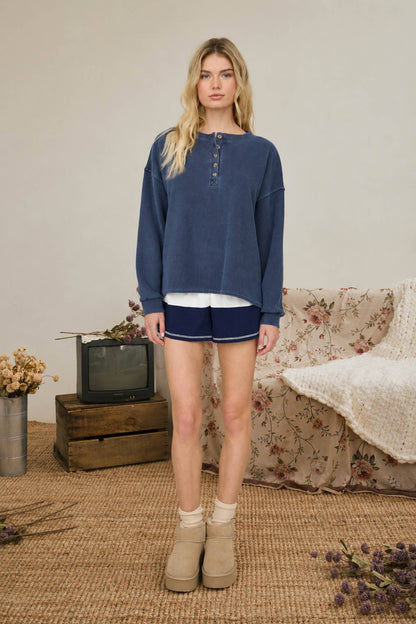 HENLEY RIBBED BOXY LONG SLEEVE WASHED KNIT TOP