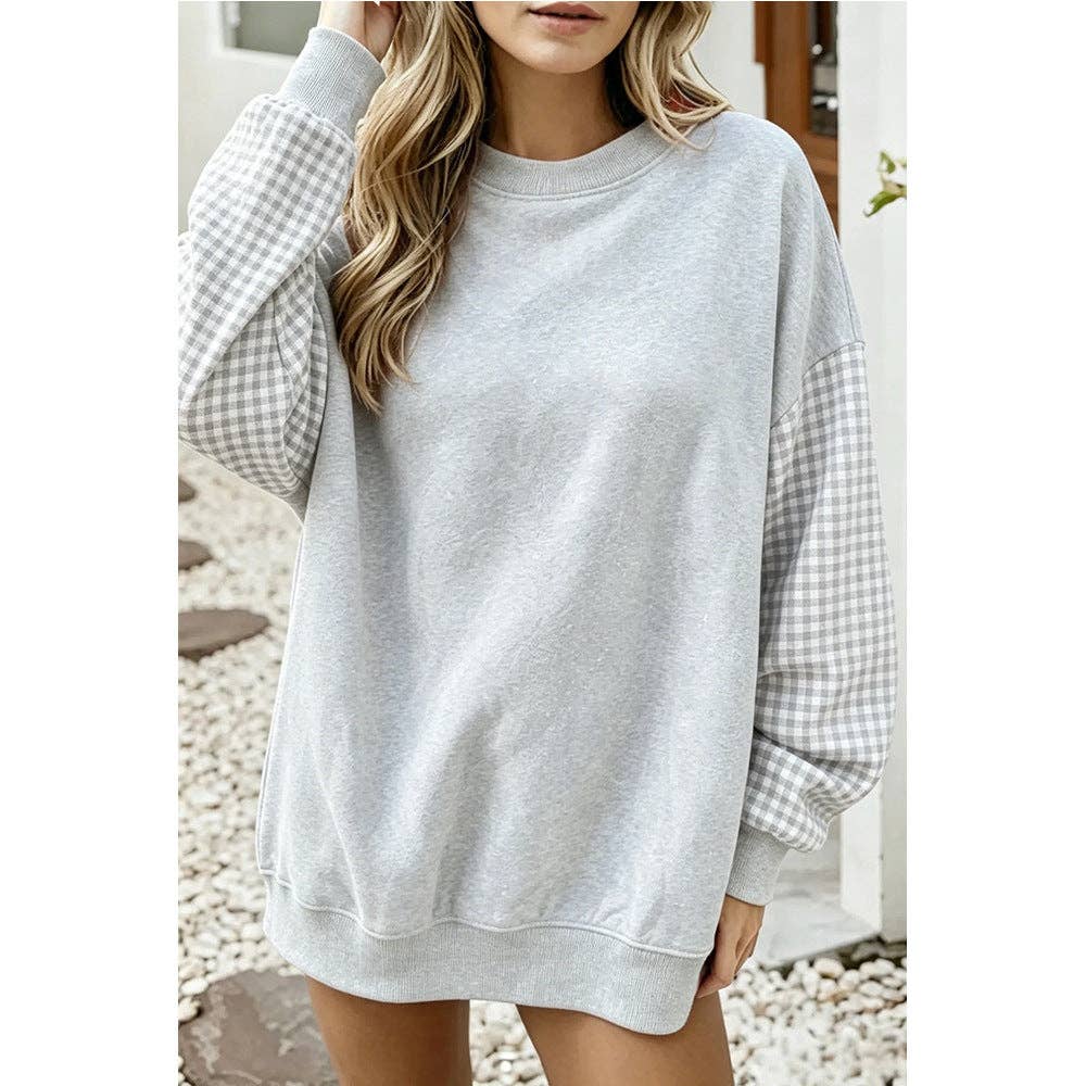 Lovesoft - Plaid Color Block Oversized Sweatshirt Casual Fall Pullover: Red / 65%Polyester+30%Viscose   +5%Elastane / M