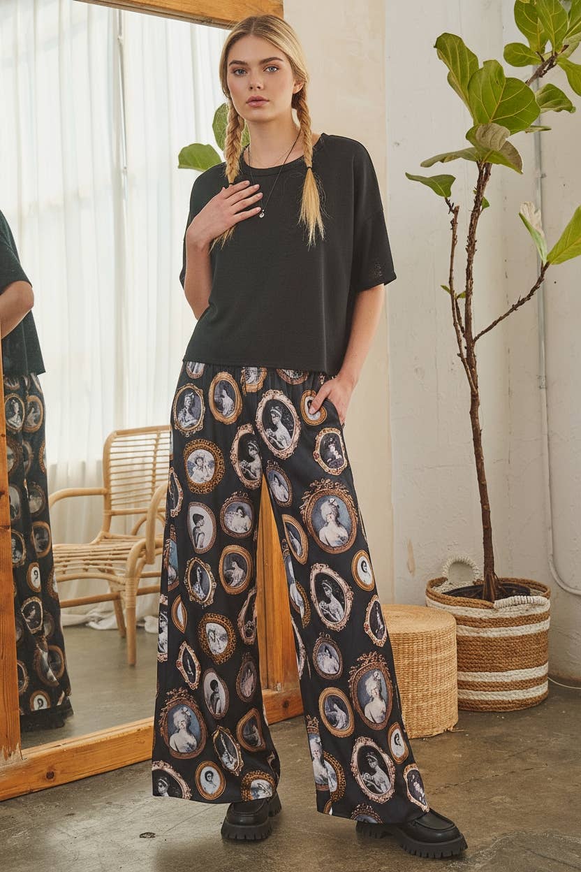 JADE BY JANE - VINTAGE PORTRAIT PRINT WIDE LEG PANTS: Black / XL