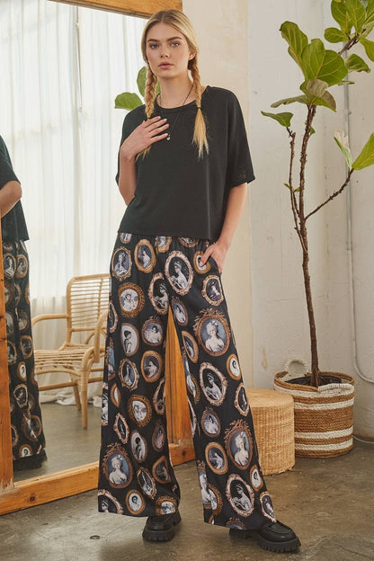 JADE BY JANE - VINTAGE PORTRAIT PRINT WIDE LEG PANTS: Black / XL