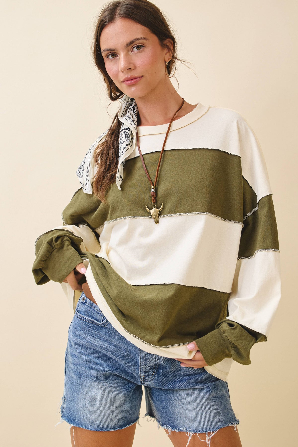 AEMI + CO - 8551GN Oversized Color Block Long Sleeve Pullover: Terracotta Butter / Contemporary / S