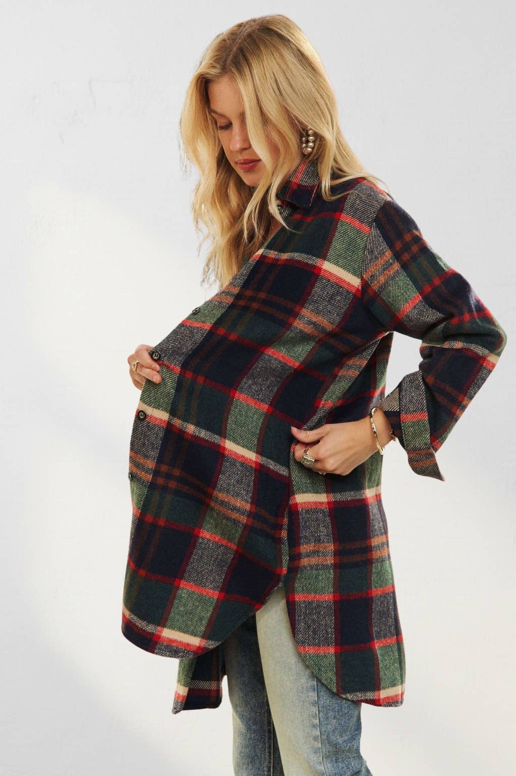 ADORA LA - CEJ1987A-CHECK FLANNEL SHIRT JACKET LONG SLEEVE: Green/Navy / S-M-L(2-2-2)