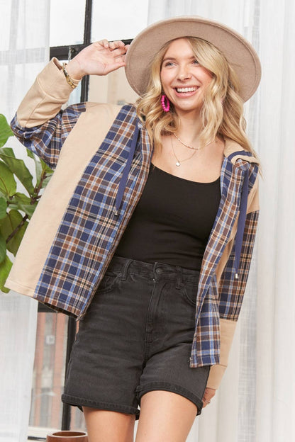 BUTTON DOWN PLAID HOODIE SHACKET