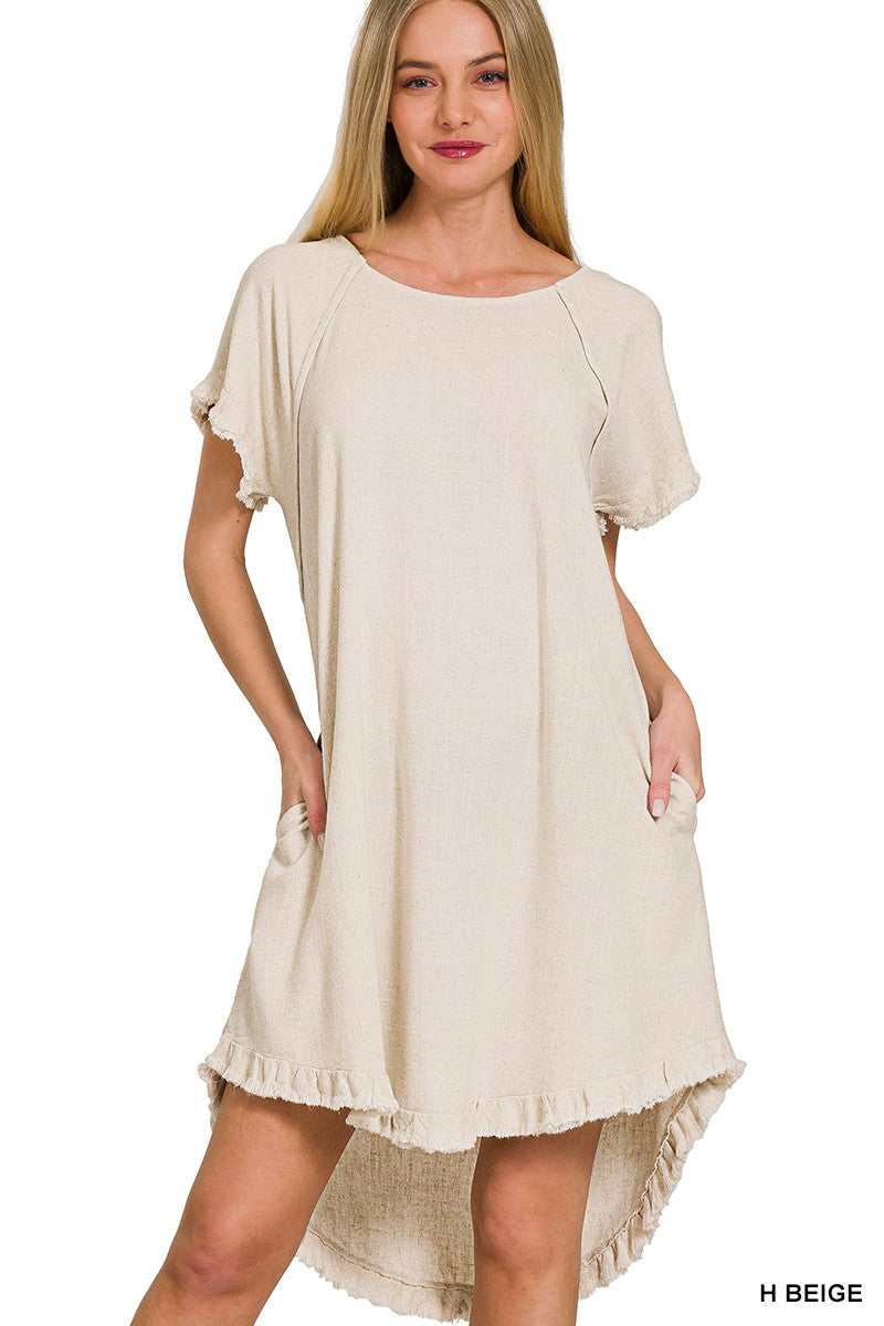 LINEN BLEND FRINGE EDGE HIGH LOW FLOWY DRESS