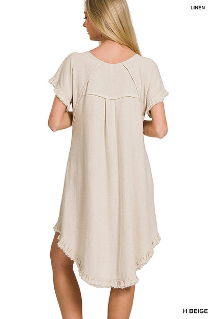 LINEN BLEND FRINGE EDGE HIGH LOW FLOWY DRESS