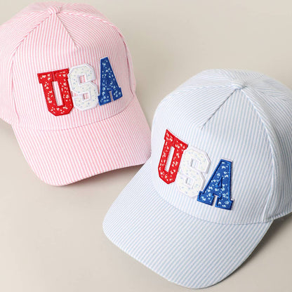 USA LETTER PATCH STRIPED TRUCKER HAT