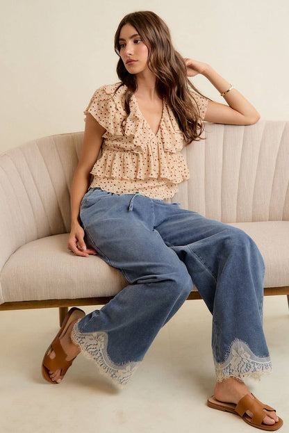 LACE TRIM WIDE LEG ELASTIC MID RISE DENIM PANTS