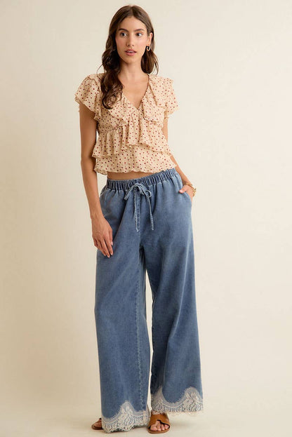 LACE TRIM WIDE LEG ELASTIC MID RISE DENIM PANTS