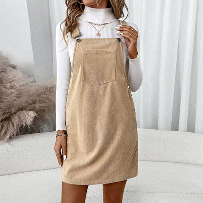 Lovesoft - Corduroy Overall Dress with Pocket: Coffee / 100%Polyester / M