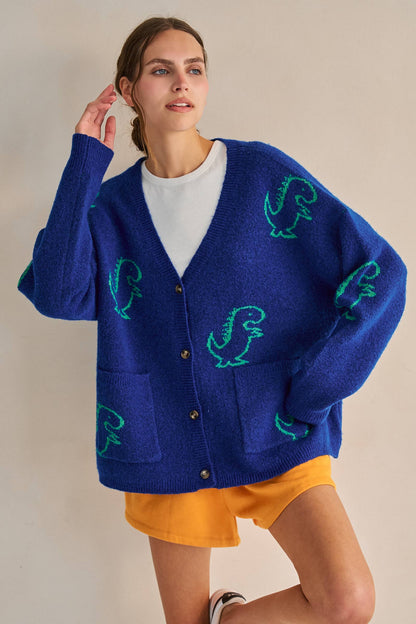 JADE BY JANE - DINOSAUR PATTERN KNIT CARDIGAN: BLACK / S/M