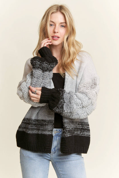 PUFF SLEEVES OMBRE SWEATER CARDIGAN: GREY