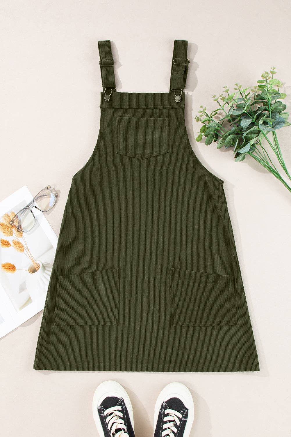 SOLID FRONT POCKETS CORDUROY OVERALL DRESS