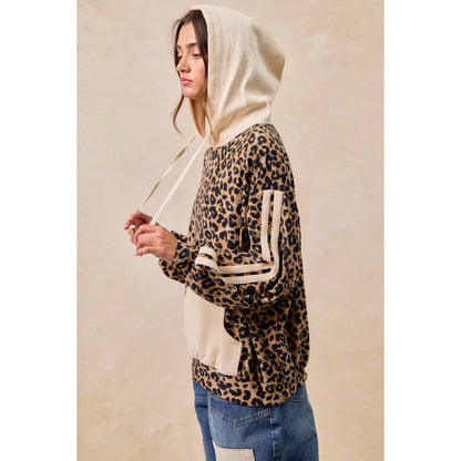 BiBi - WAFFLE THERMAL AND LEOPARD MIX AND MATCH HOODIE: LEOPARD/OATMEAL / L